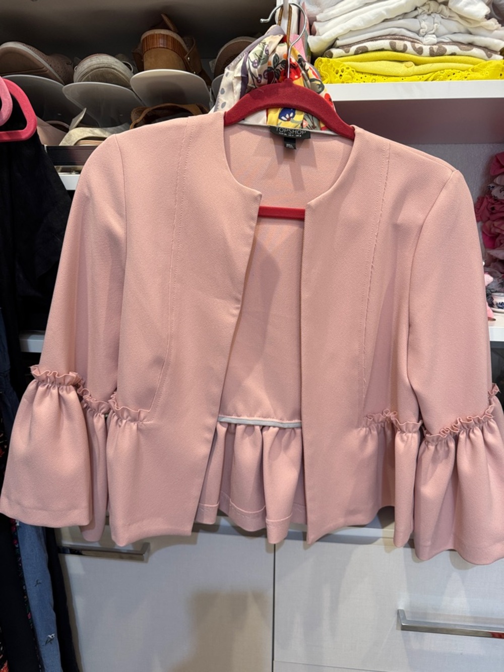 Topshop Blush Pink Ruffle-Sleeve Open Blazer